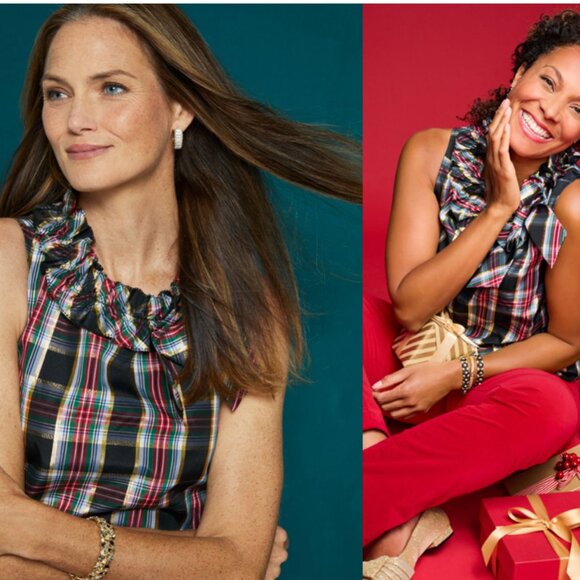 Talbots Bow Detail Ruffle Neck Shell - Celebrate Plaid szie SP - Picture 3 of 16